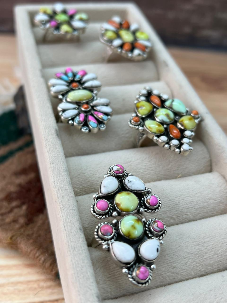 Handmade Sterling Silver Spring Collection: Palomino Turquoise with Orange Mojave, Cotton Candy and White Buffalo Adjustable Ring "Signed Nizhoni"