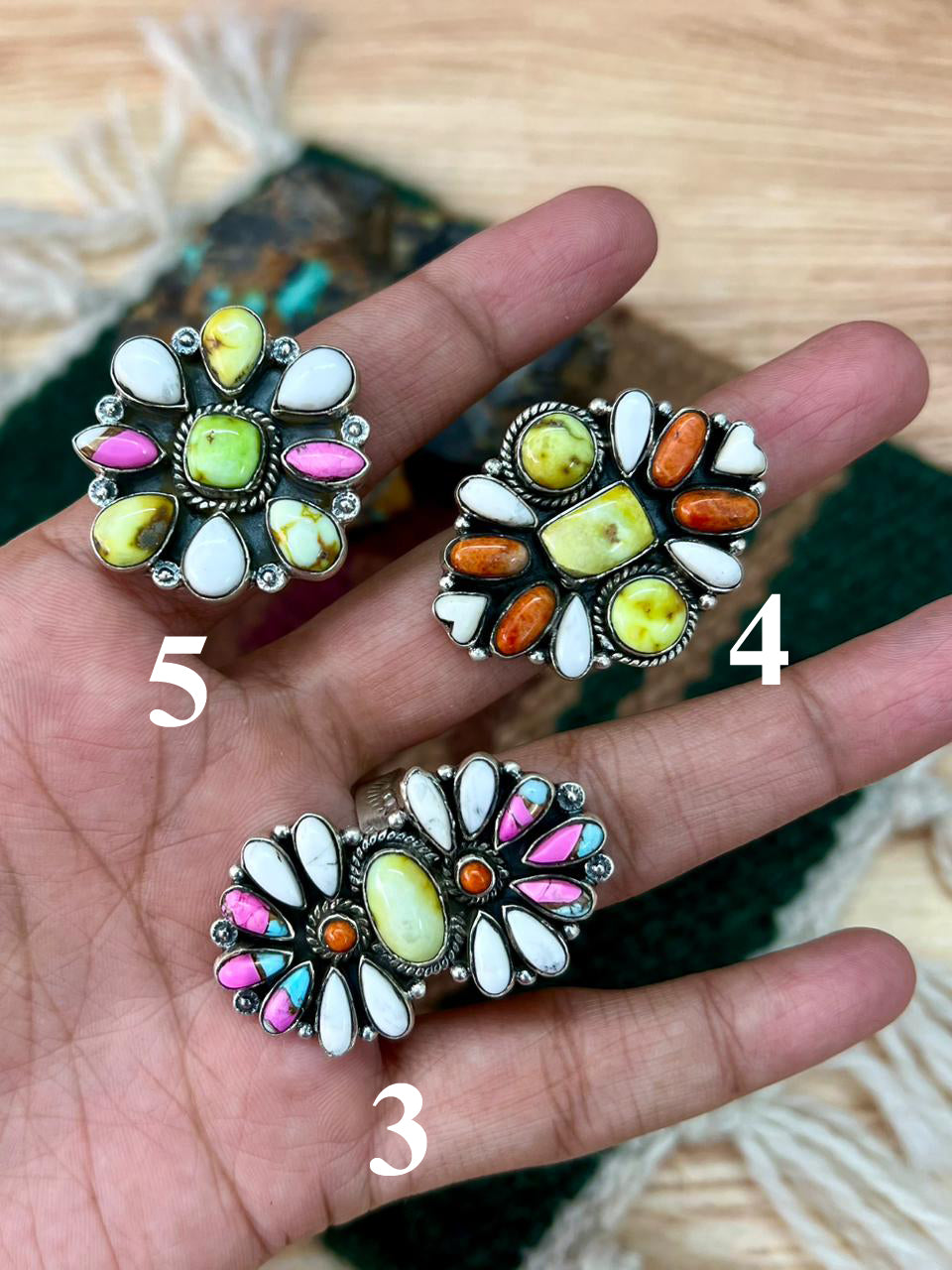 Handmade Sterling Silver Spring Collection: Palomino Turquoise with Orange Mojave, Cotton Candy and White Buffalo Adjustable Ring "Signed Nizhoni"