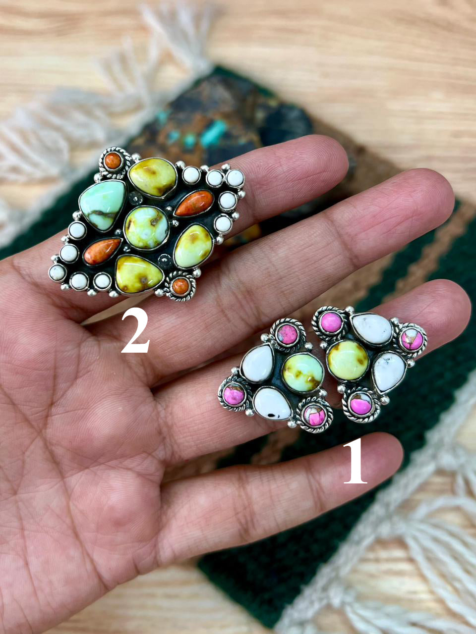 Handmade Sterling Silver Spring Collection: Palomino Turquoise with Orange Mojave, Cotton Candy and White Buffalo Adjustable Ring "Signed Nizhoni"