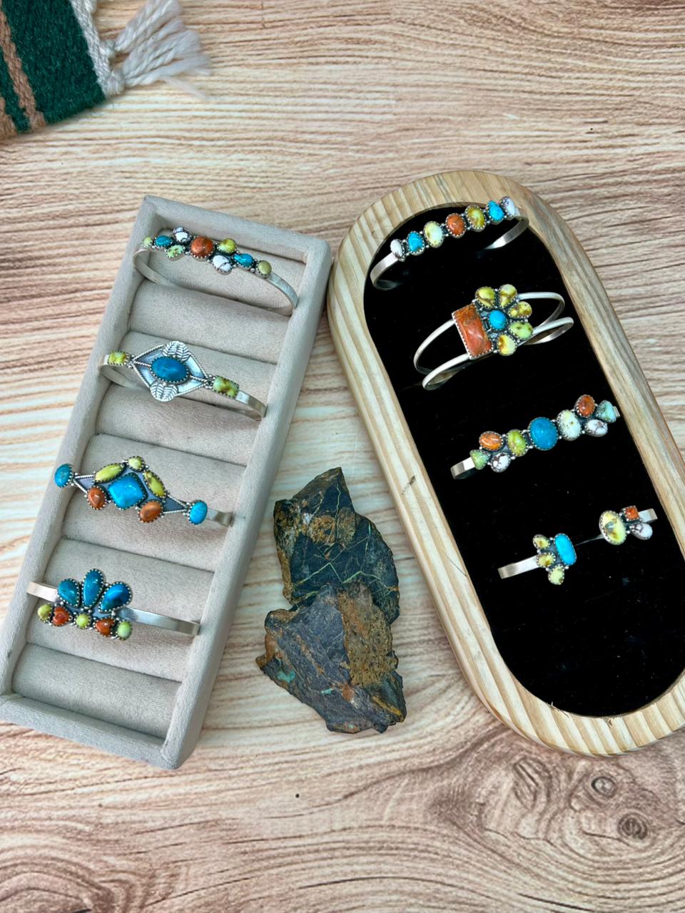 Handmade Sterling Silver Multi Stone Collection: Palomino with Orange Mojave, Wildhorse Magnesite and Arizona Blue Turquoise Cuff Bracelet "Signed Nizhoni"
