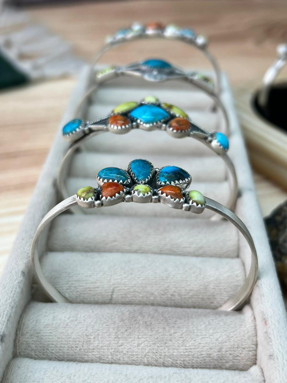 Handmade Sterling Silver Multi Stone Collection: Palomino with Orange Mojave, Wildhorse Magnesite and Arizona Blue Turquoise Cuff Bracelet "Signed Nizhoni"