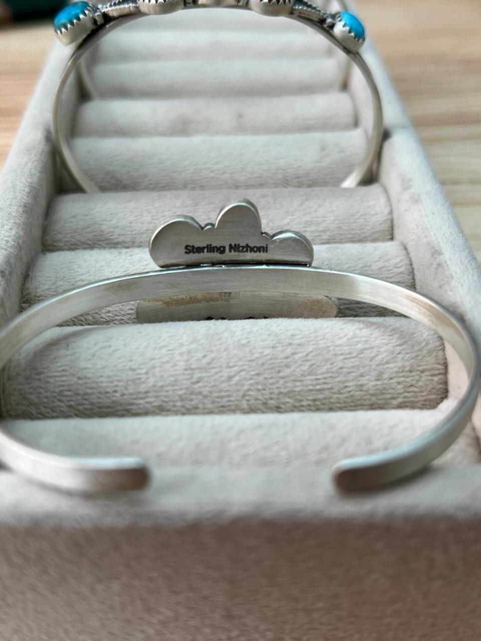Handmade Sterling Silver Multi Stone Collection: Palomino with Orange Mojave, Wildhorse Magnesite and Arizona Blue Turquoise Cuff Bracelet "Signed Nizhoni"