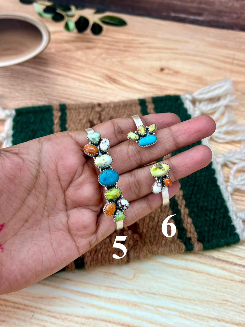 Handmade Sterling Silver Multi Stone Collection: Palomino with Orange Mojave, Wildhorse Magnesite and Arizona Blue Turquoise Cuff Bracelet "Signed Nizhoni"