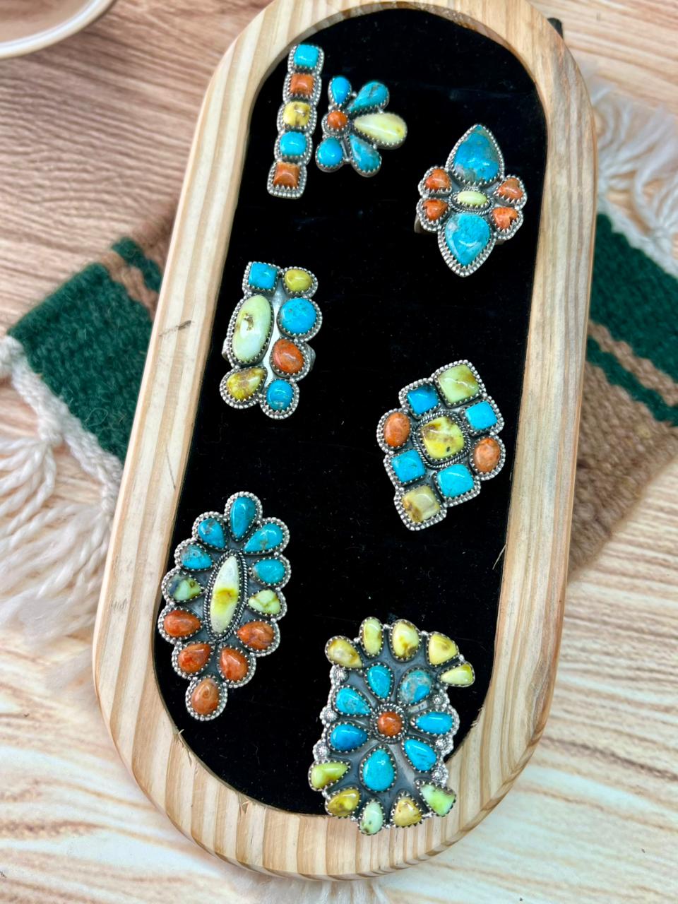 Handmade Sterling Silver Multi Stone Collection: Palomino with Orange Mojave and Arizona Blue Turquoise Adjustable Ring "Signed Nizhoni"
