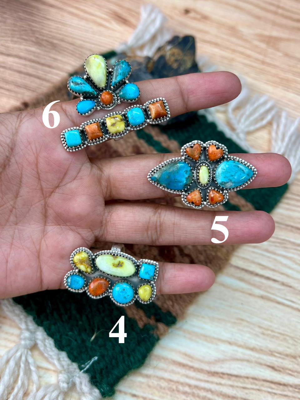 Handmade Sterling Silver Multi Stone Collection: Palomino with Orange Mojave and Arizona Blue Turquoise Adjustable Ring "Signed Nizhoni"