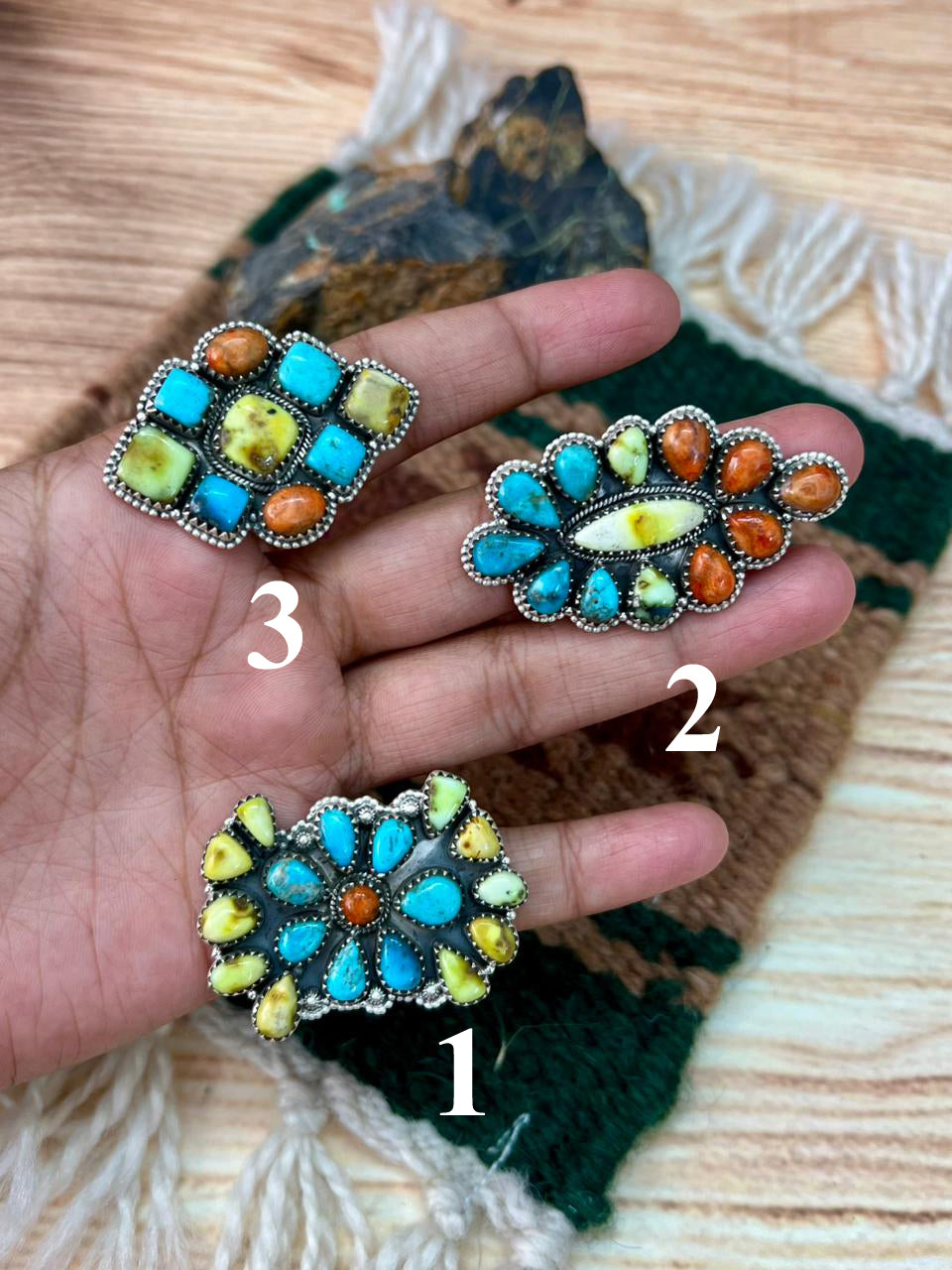Handmade Sterling Silver Multi Stone Collection: Palomino with Orange Mojave and Arizona Blue Turquoise Adjustable Ring "Signed Nizhoni"