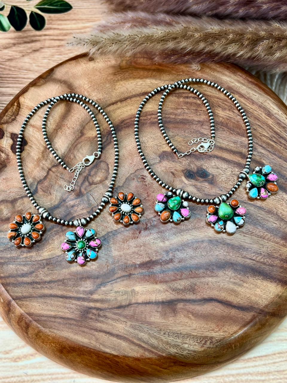 Handmade Sterling Silver Spring Collection: Sonoran Mountain with Orange Mojave, Cotton Candy and White Buffalo Beaded Necklace "Signed Nizhoni"