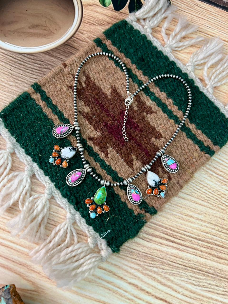 Handmade Sterling Silver Spring Collection: Sonoran Mountain with Orange Mojave, Cotton Candy and White Buffalo Beaded Necklace "Signed Nizhoni"