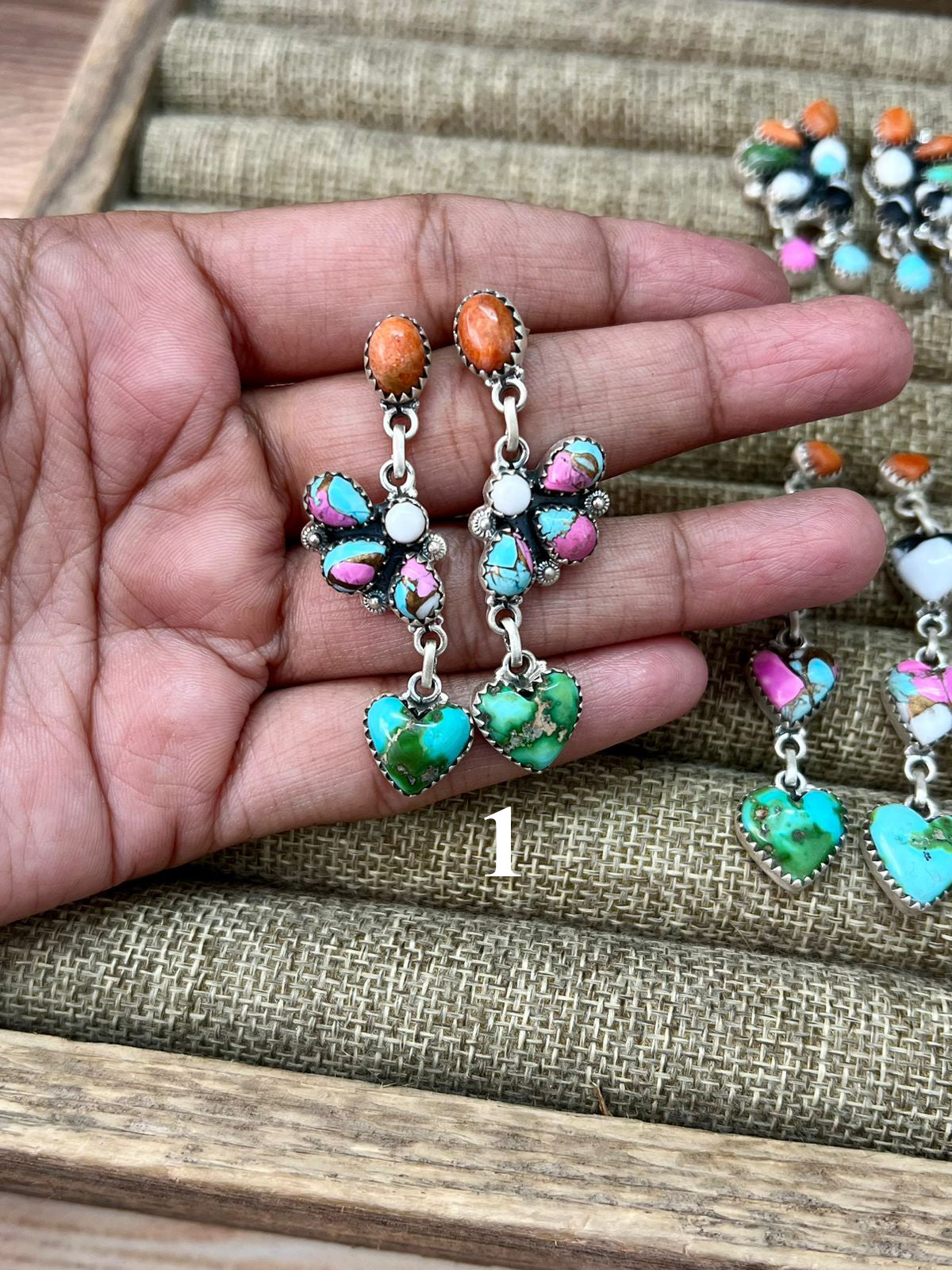 Handmade Sterling Silver Spring Collection: Sonoran Mountain Turquoise with Orange Mojave, Cotton Candy and White Buffalo Post Dangle Earrings "Signed Nizhoni"