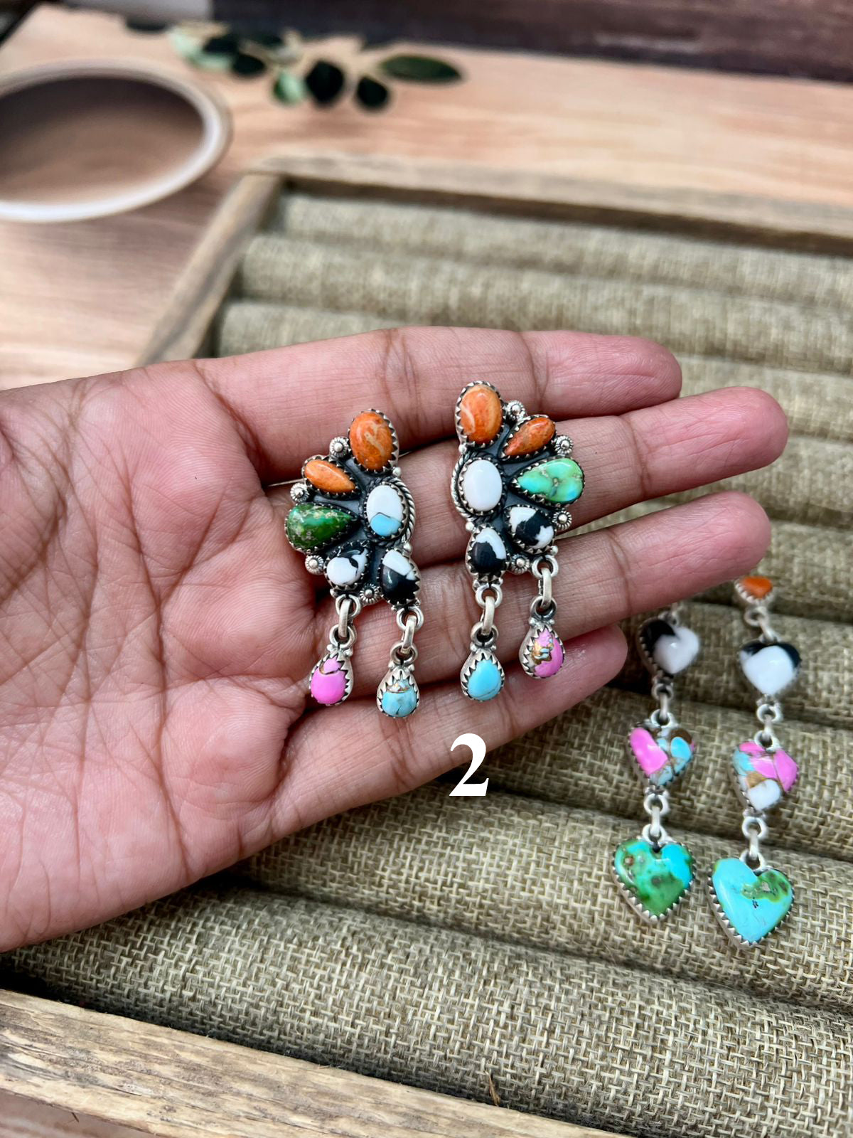 Handmade Sterling Silver Spring Collection: Sonoran Mountain Turquoise with Orange Mojave, Cotton Candy and White Buffalo Post Dangle Earrings "Signed Nizhoni"