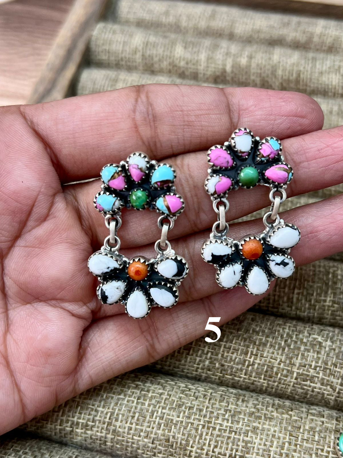 Handmade Sterling Silver Spring Collection: Sonoran Mountain Turquoise with Orange Mojave, Cotton Candy and White Buffalo Post Dangle Earrings "Signed Nizhoni"