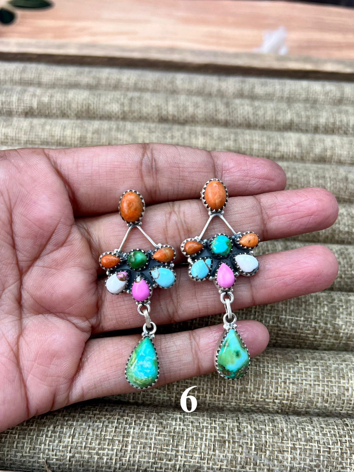 Handmade Sterling Silver Spring Collection: Sonoran Mountain Turquoise with Orange Mojave, Cotton Candy and White Buffalo Post Dangle Earrings "Signed Nizhoni"