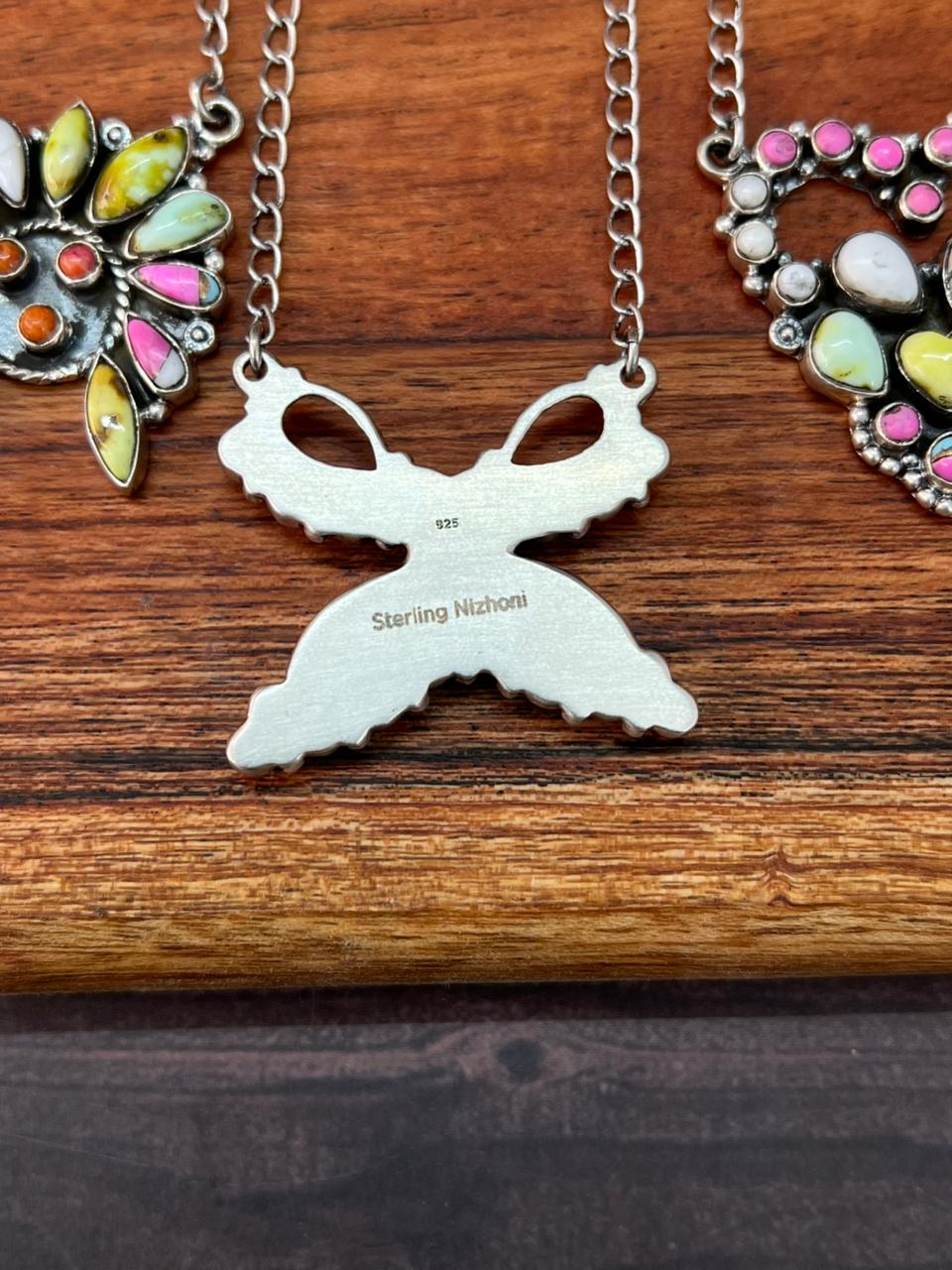 Handmade Sterling Silver Spring Collection: Palomino Turquoise with Cotton Candy, Orange Mojave and White Buffalo Necklace "Signed Nizhoni"