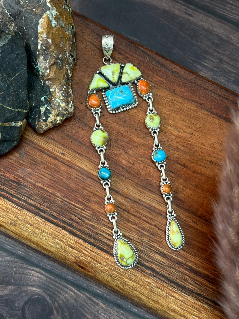 Handmade Sterling Silver Multi Stone Collection: Palomino with Orange Mojave and Arizona Blue Turquoise Pendant "Signed Nizhoni"