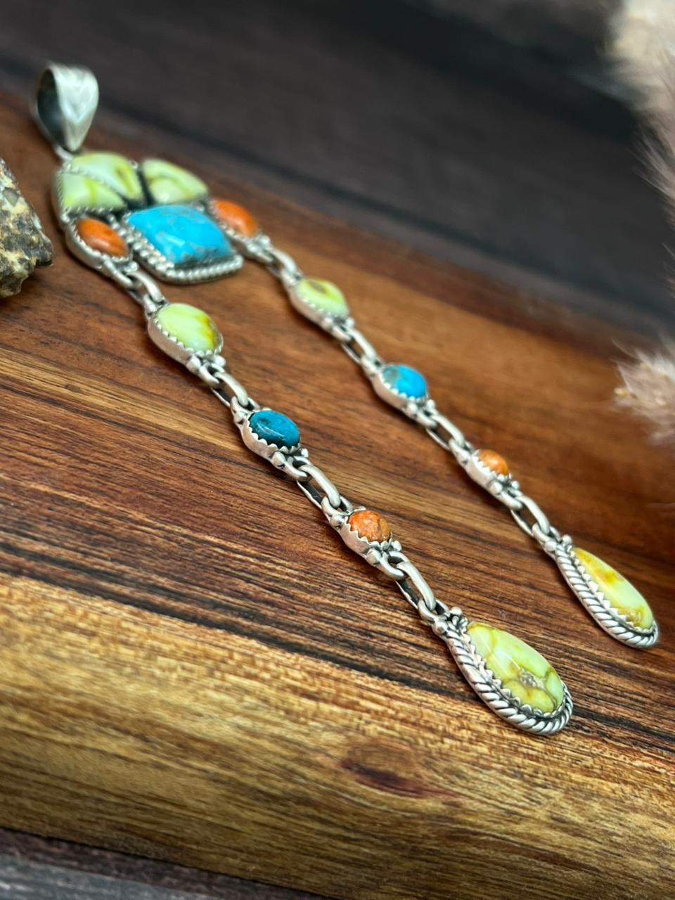 Handmade Sterling Silver Multi Stone Collection: Palomino with Orange Mojave and Arizona Blue Turquoise Pendant "Signed Nizhoni"