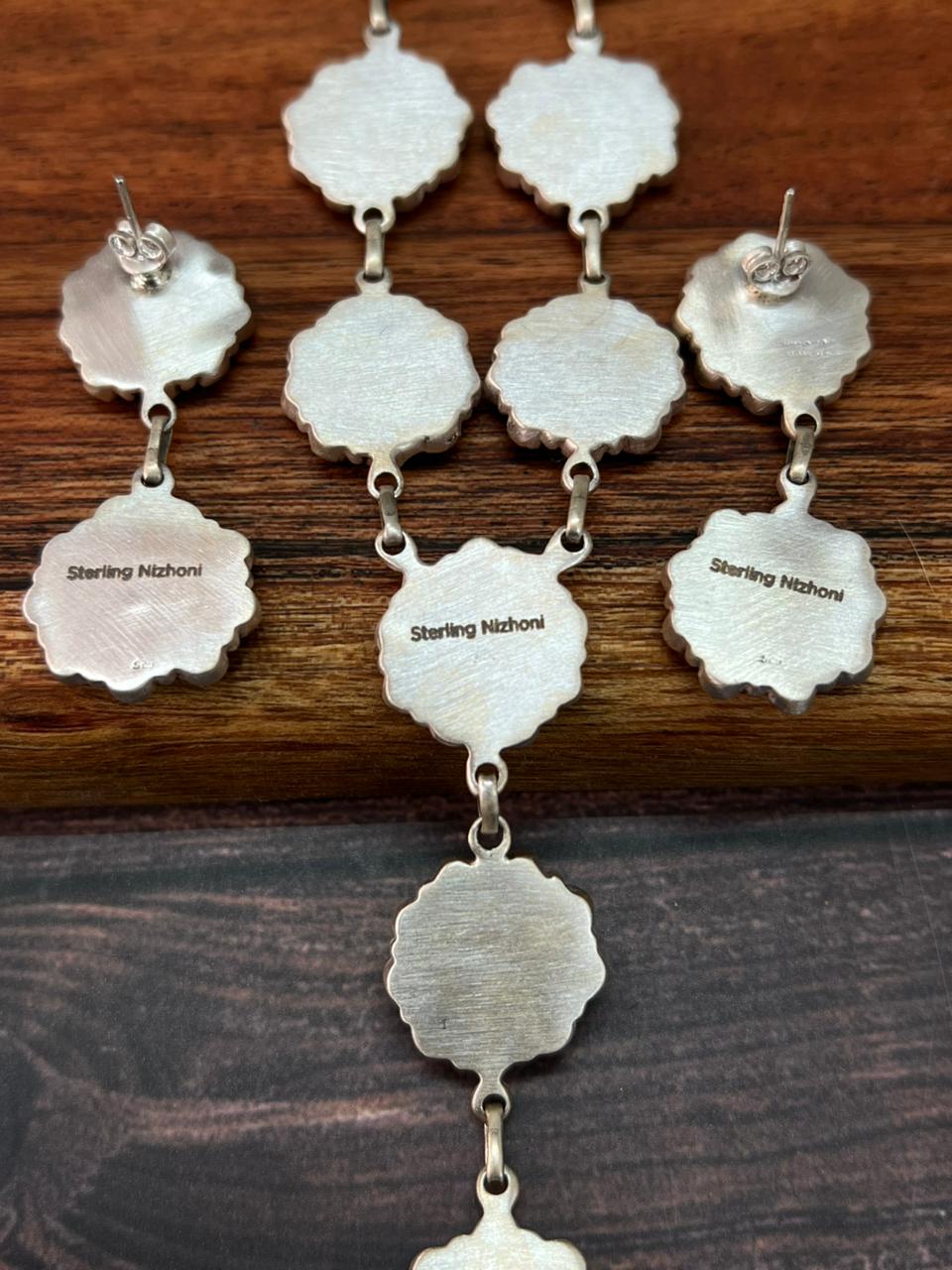 Handmade Sterling Silver Orange Mojave with Kingman Turquoise Necklace Earrings Set "Signed Nizhoni"