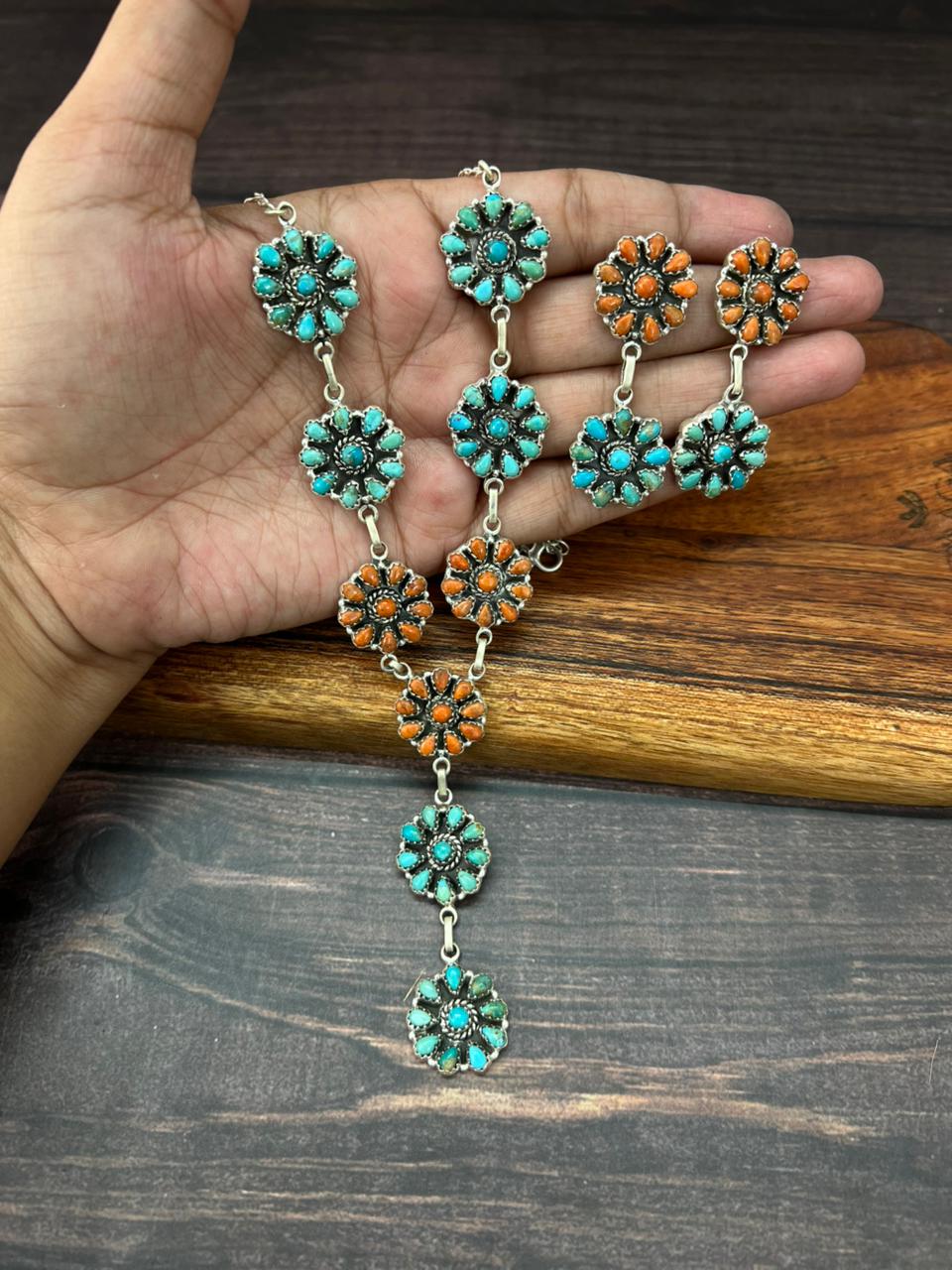 Handmade Sterling Silver Orange Mojave with Kingman Turquoise Necklace Earrings Set "Signed Nizhoni"