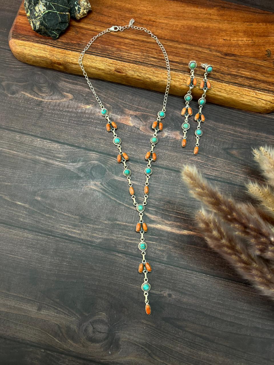 Handmade Sterling Silver Orange Mojave with Kingman Turquoise Necklace Earrings Set "Signed Nizhoni"