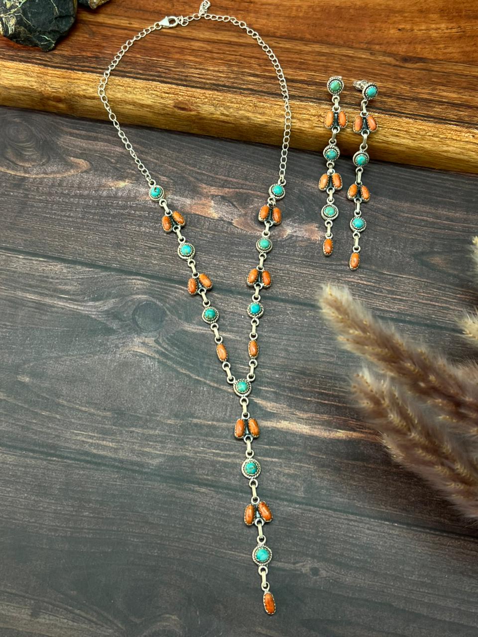 Handmade Sterling Silver Orange Mojave with Kingman Turquoise Necklace Earrings Set "Signed Nizhoni"