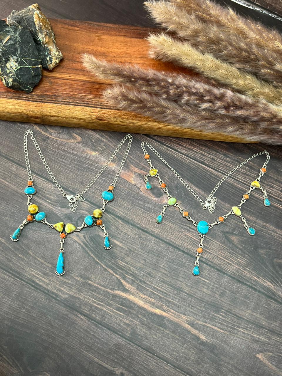Handmade Sterling Silver Multi Stone Collection: Palomino with Orange Mojave and Arizona Blue Turquoise Necklace "Signed Nizhoni"