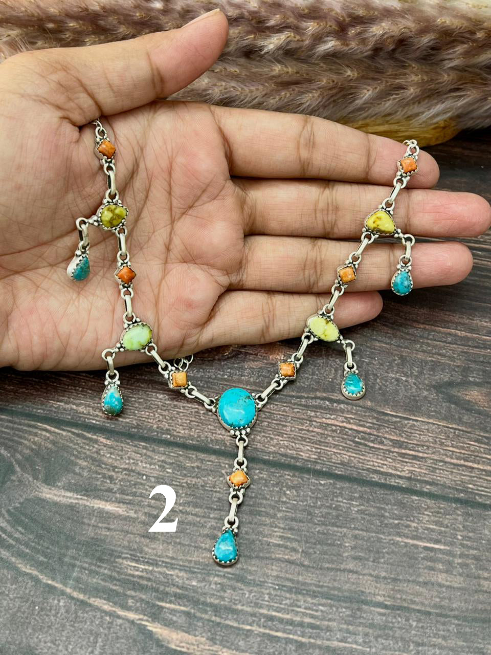 Handmade Sterling Silver Multi Stone Collection: Palomino with Orange Mojave and Arizona Blue Turquoise Necklace "Signed Nizhoni"
