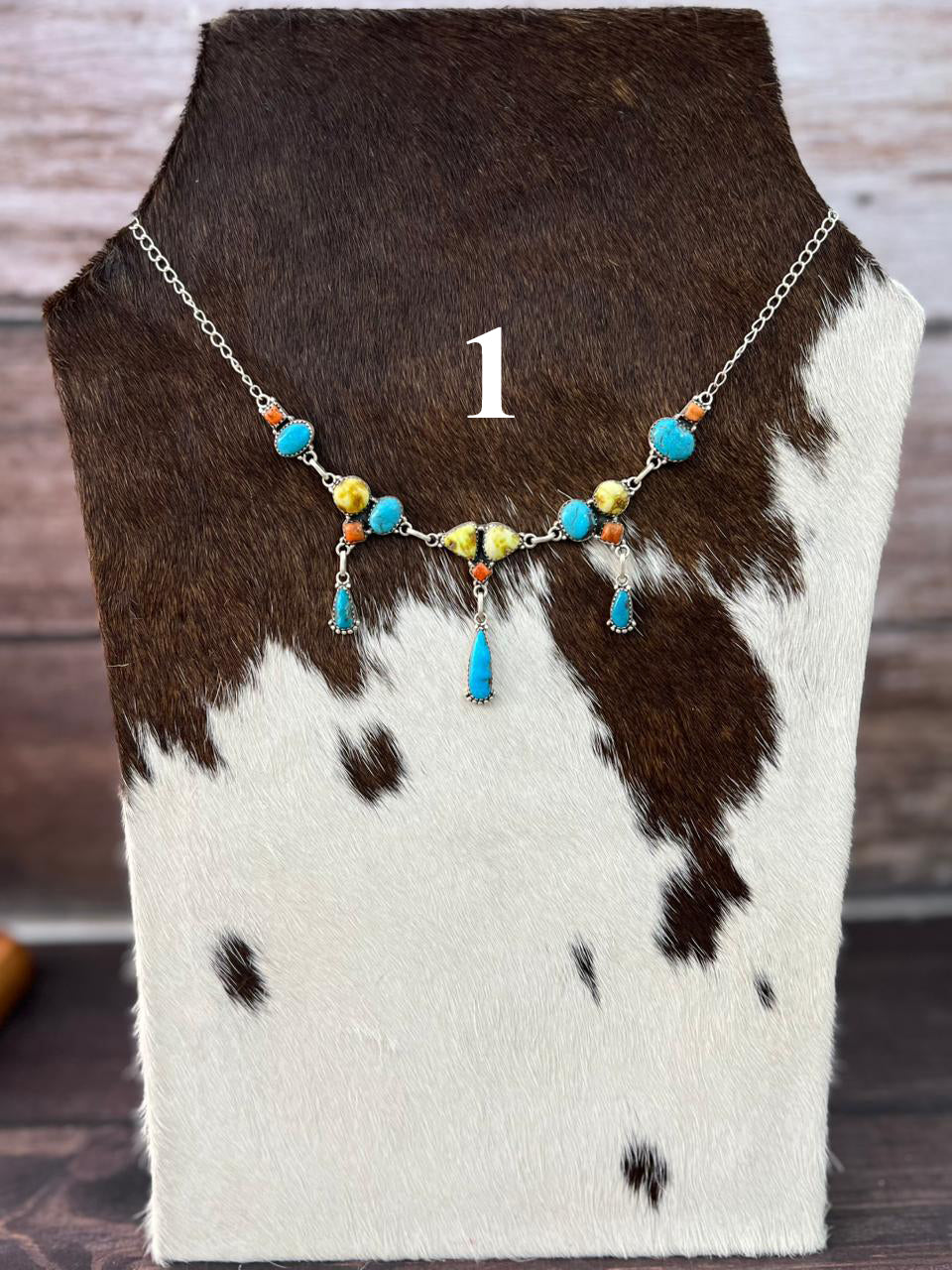 Handmade Sterling Silver Multi Stone Collection: Palomino with Orange Mojave and Arizona Blue Turquoise Necklace "Signed Nizhoni"