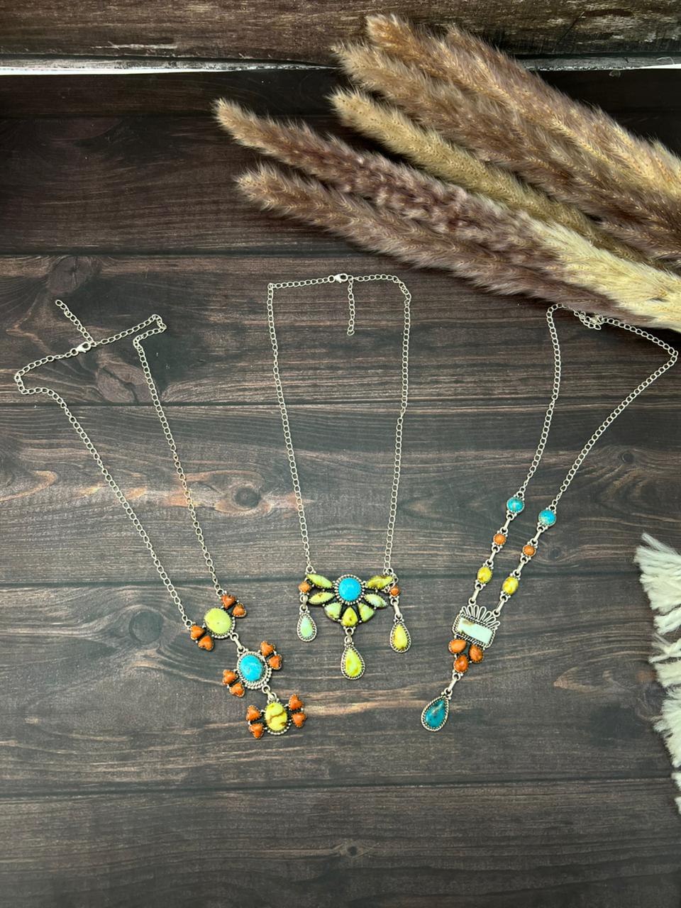 Handmade Sterling Silver Multi Stone Collection: Palomino with Orange Mojave and Arizona Blue Turquoise Necklace "Signed Nizhoni"