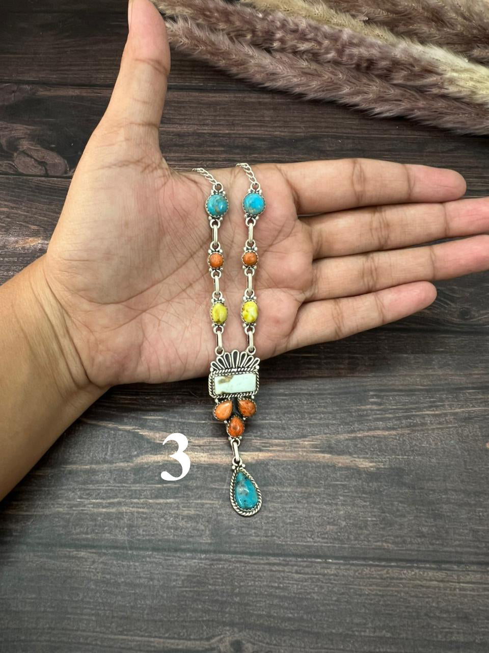 Handmade Sterling Silver Multi Stone Collection: Palomino with Orange Mojave and Arizona Blue Turquoise Necklace "Signed Nizhoni"