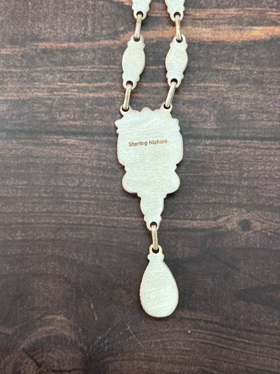 Handmade Sterling Silver Multi Stone Collection: Palomino with Orange Mojave and Arizona Blue Turquoise Necklace "Signed Nizhoni"