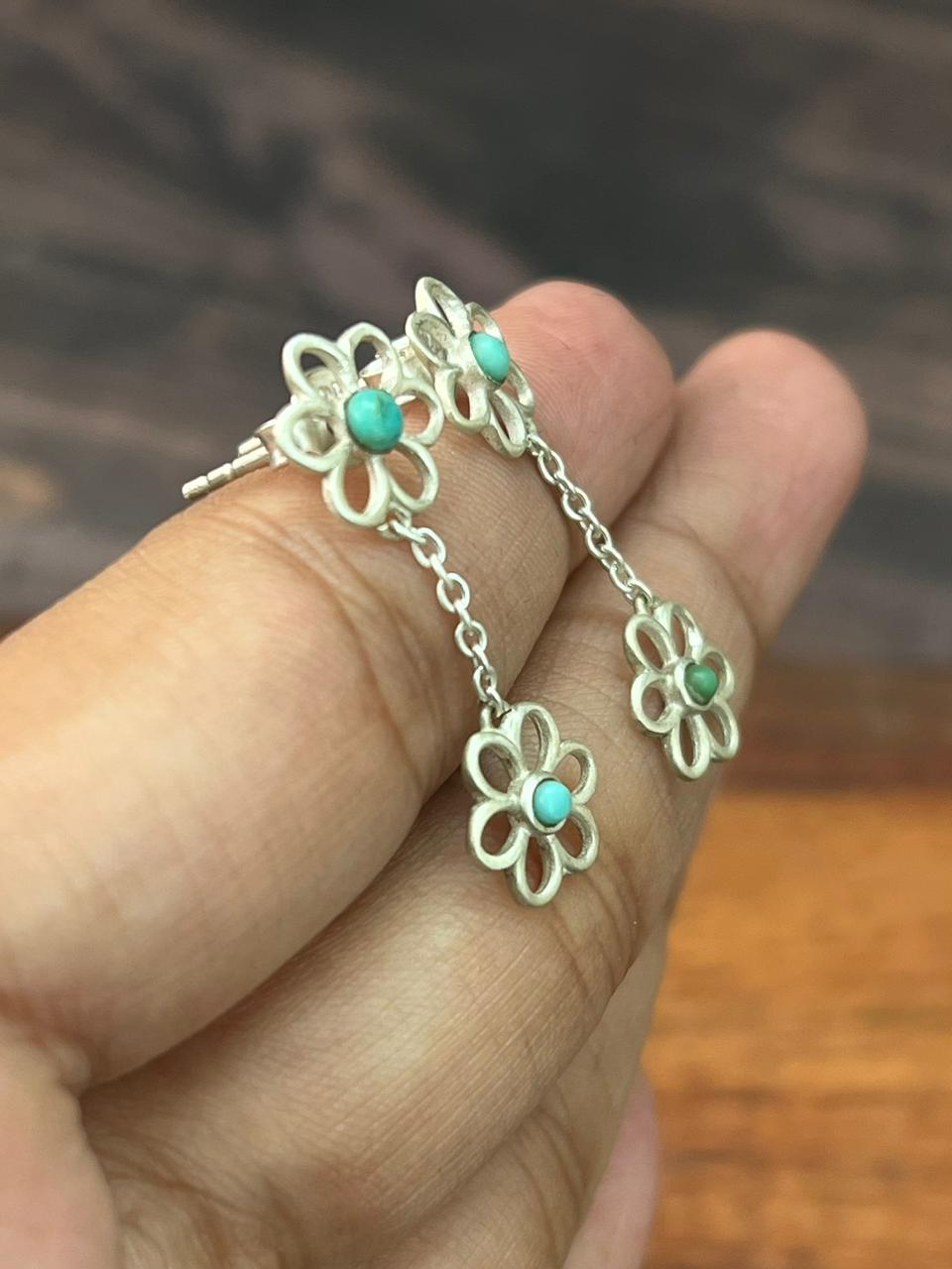 Handmade Sterling Silver Flower Collection: Kingman Turquoise Post Dangle Earrings (7)
