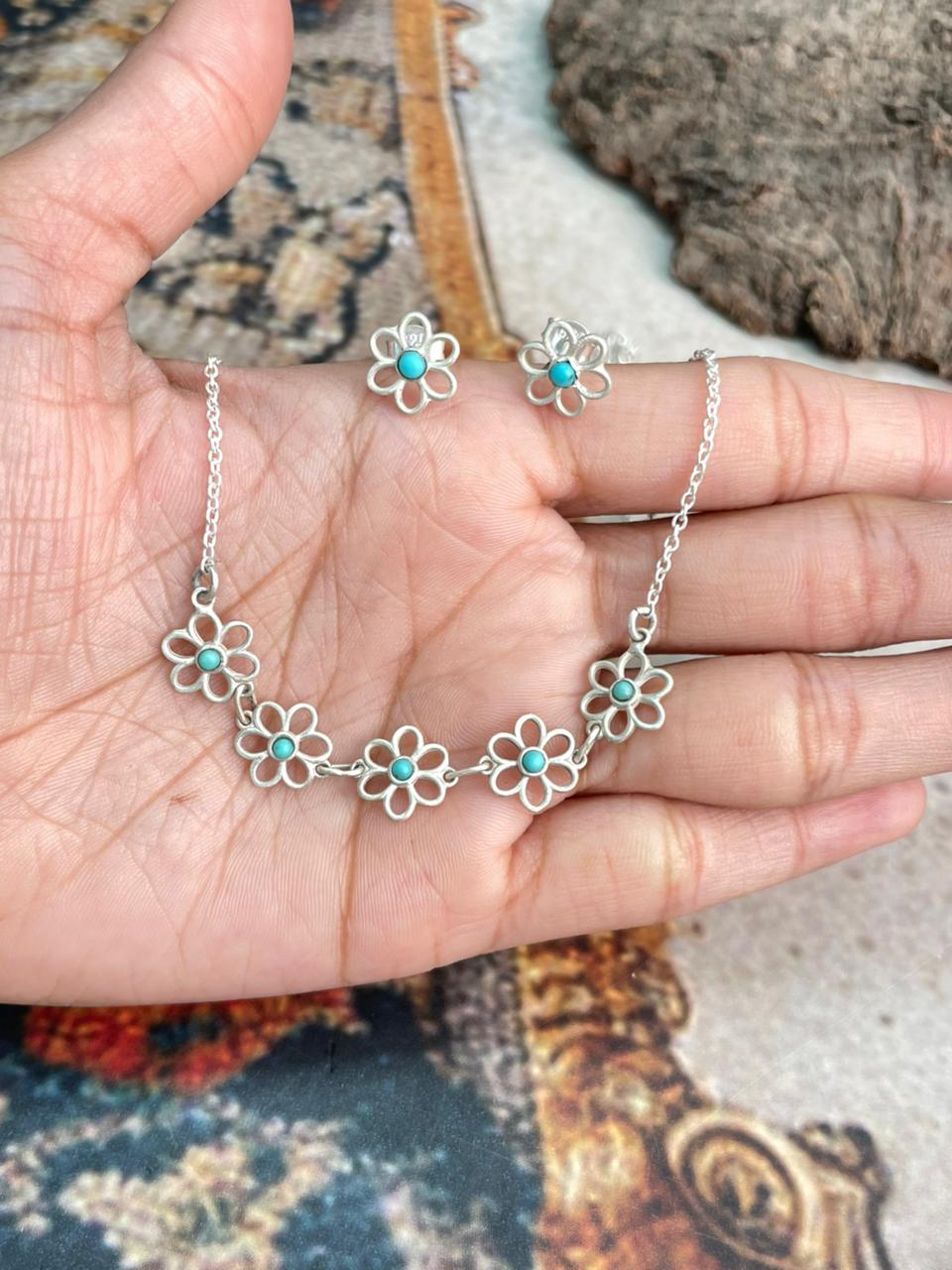 Handmade Sterling Silver Flower Collection: Kingman Turquoise Choker Necklace Earrings Set