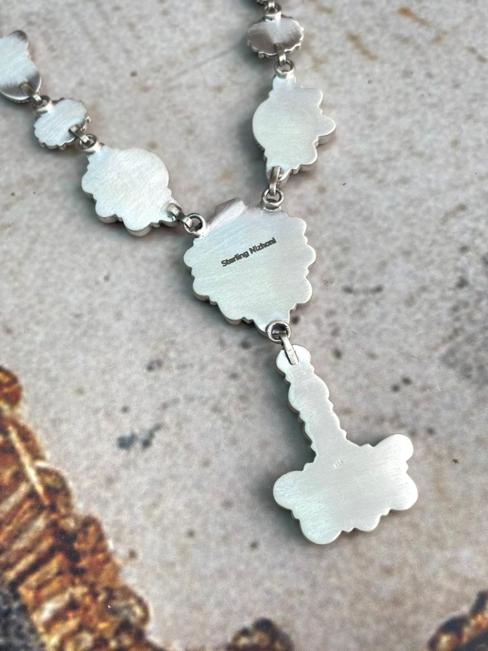 Handmade Sterling Silver Golden Hills with Orange Mojave and Palomino Turquoise Necklace "Signed Nizhoni"