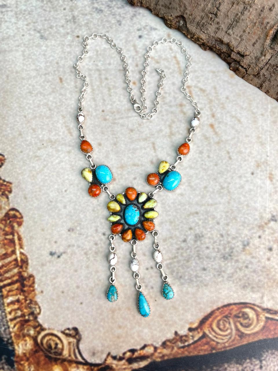 Handmade Sterling Silver Multi Stone Collection: Palomino with Orange Mojave, Wildhorse Magnesite and Arizona Blue Turquoise Necklace "Signed Nizhoni"