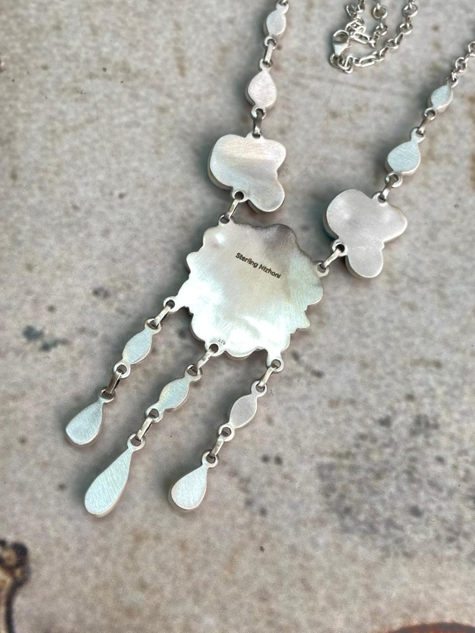 Handmade Sterling Silver Multi Stone Collection: Palomino with Orange Mojave, Wildhorse Magnesite and Arizona Blue Turquoise Necklace "Signed Nizhoni"
