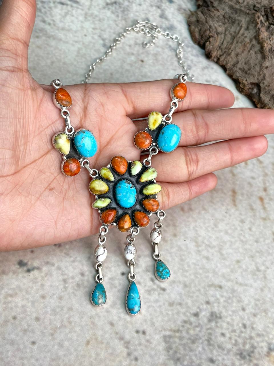 Handmade Sterling Silver Multi Stone Collection: Palomino with Orange Mojave, Wildhorse Magnesite and Arizona Blue Turquoise Necklace "Signed Nizhoni"