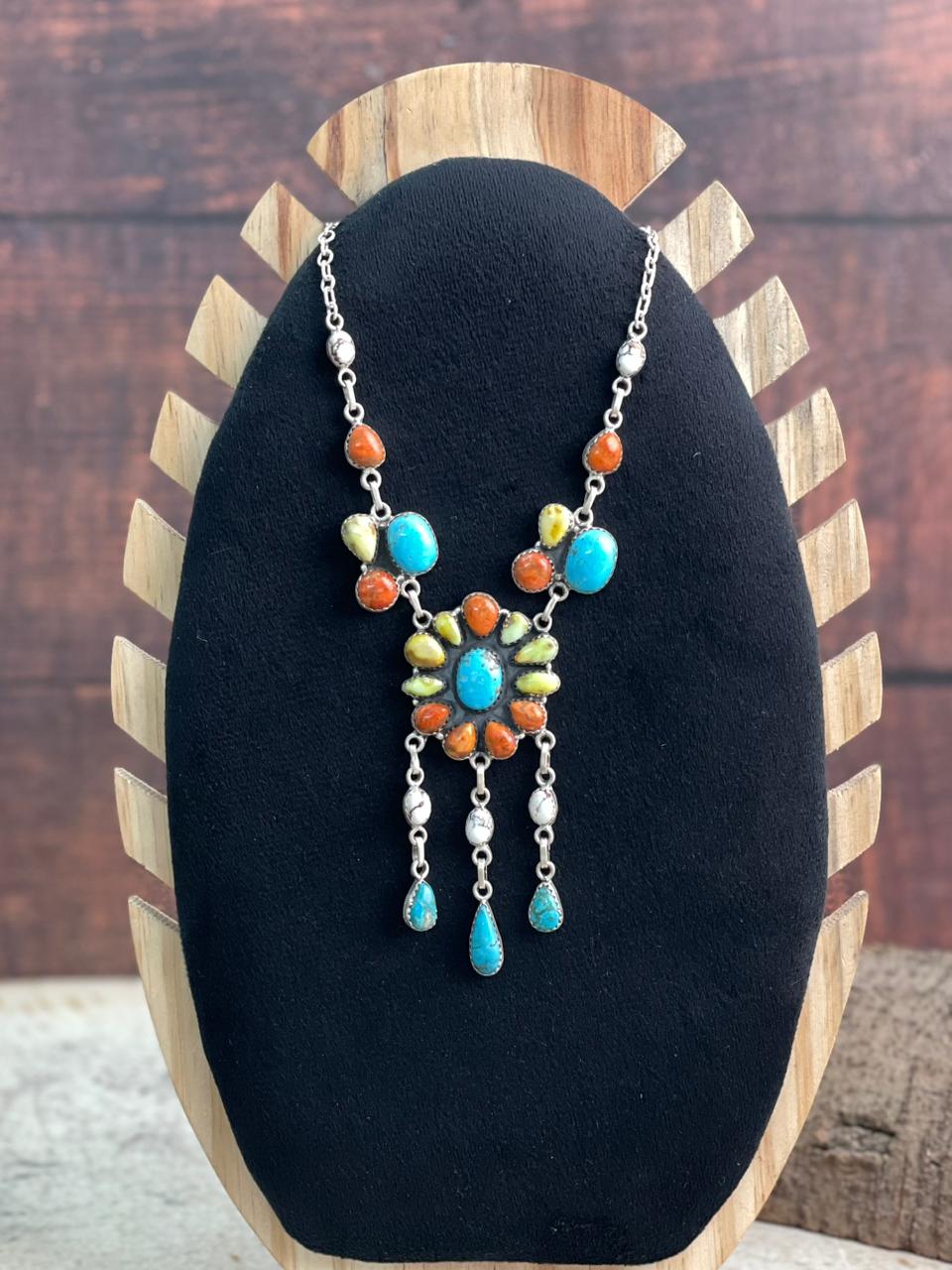 Handmade Sterling Silver Multi Stone Collection: Palomino with Orange Mojave, Wildhorse Magnesite and Arizona Blue Turquoise Necklace "Signed Nizhoni"