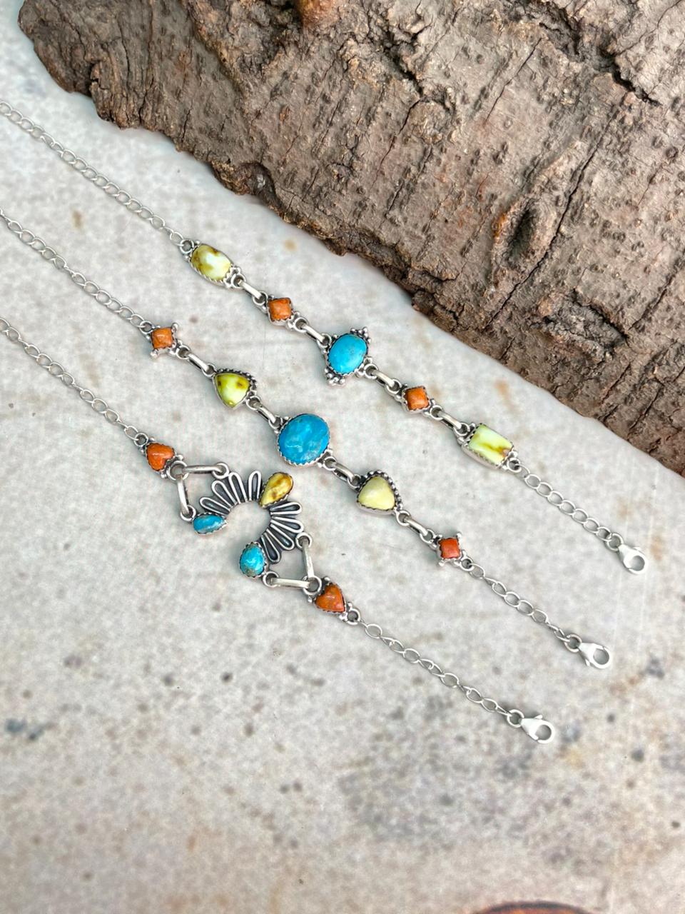 Handmade Sterling Silver Multi Stone Collection: Arizona Blue Turquoise with Orange Mojave and Palomino Turquoise Chain Bracelet "Signed Nizhoni"