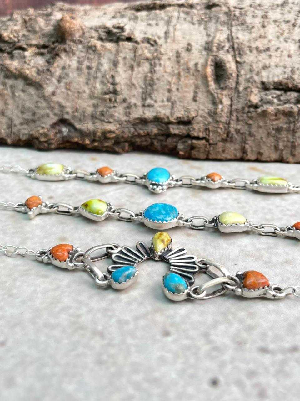 Handmade Sterling Silver Multi Stone Collection: Arizona Blue Turquoise with Orange Mojave and Palomino Turquoise Chain Bracelet "Signed Nizhoni"