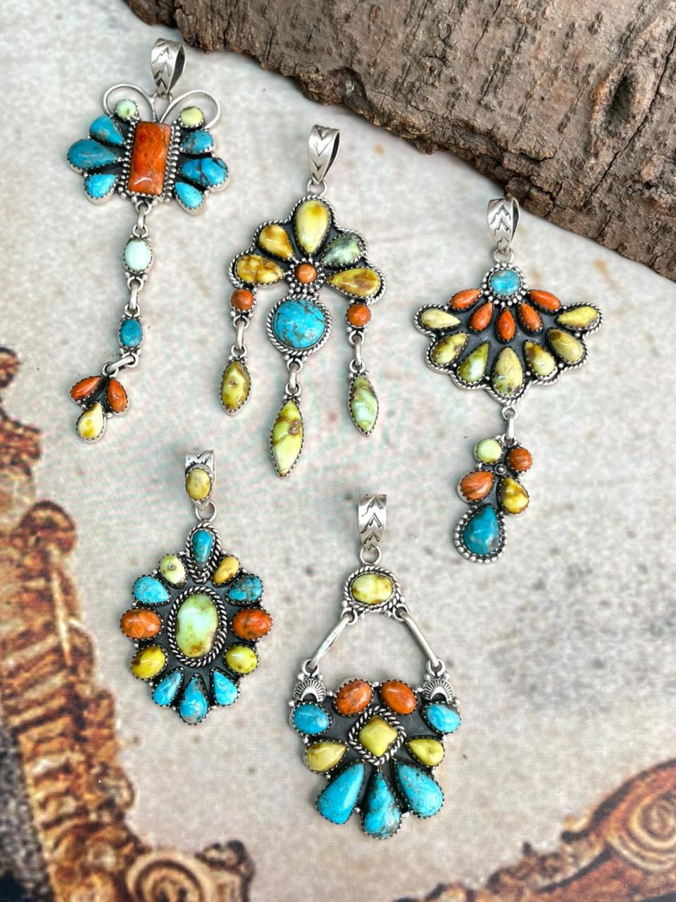 Handmade Sterling Silver Multi Stone Collection: Palomino with Orange Mojave and Arizona Blue Turquoise Pendant "Signed Nizhoni"