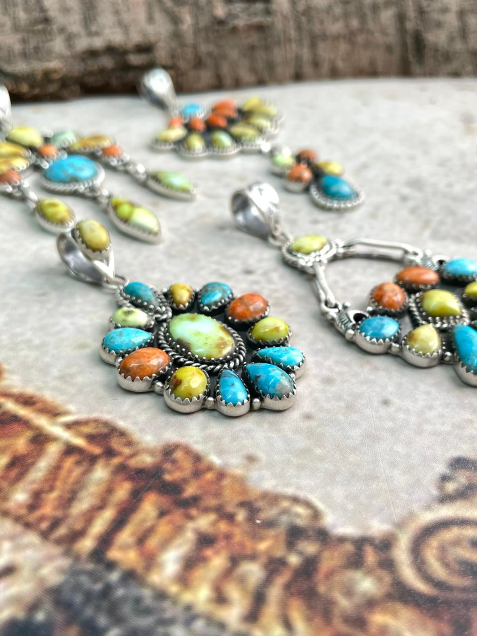 Handmade Sterling Silver Multi Stone Collection: Palomino with Orange Mojave and Arizona Blue Turquoise Pendant "Signed Nizhoni"