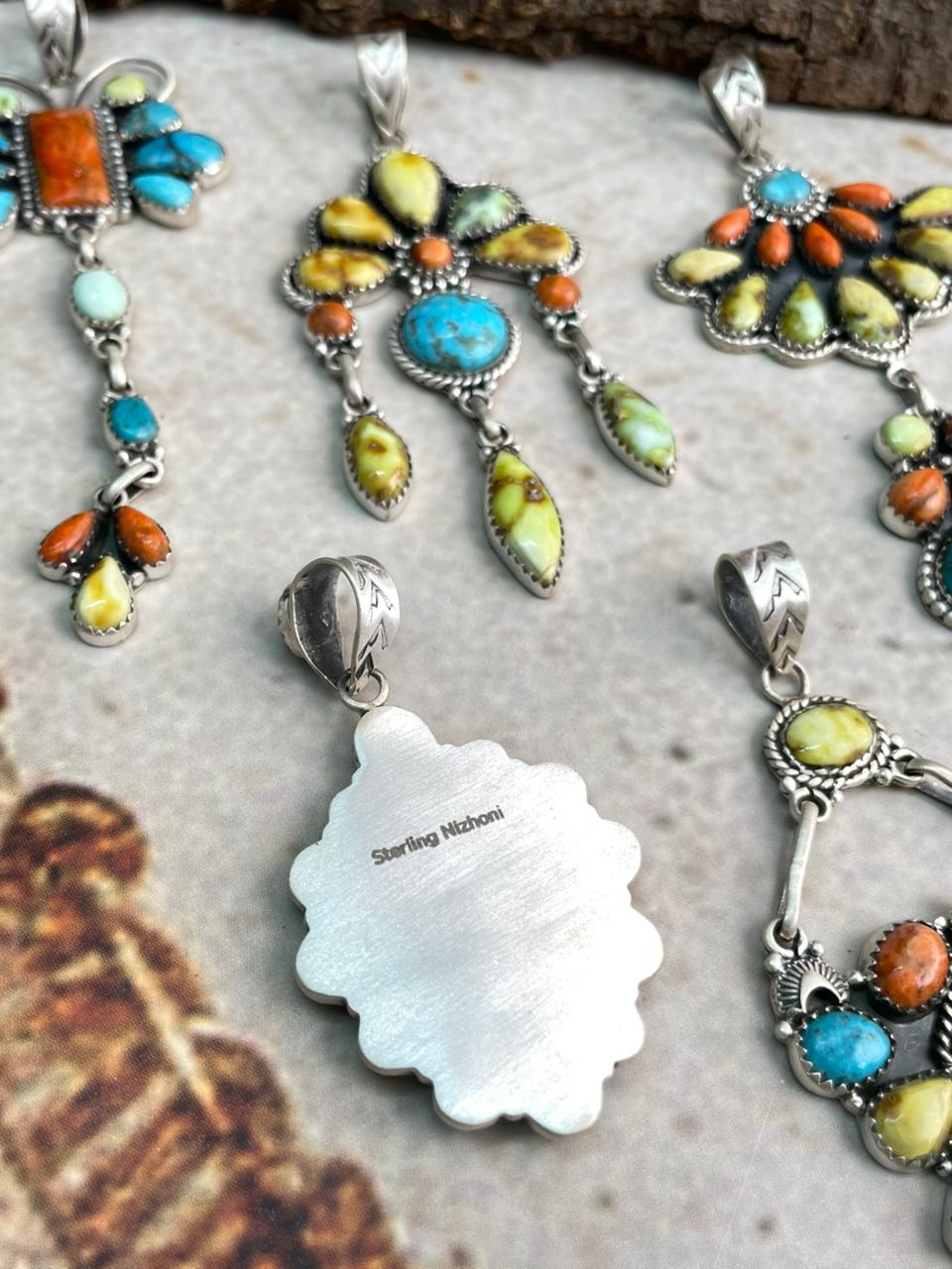 Handmade Sterling Silver Multi Stone Collection: Palomino with Orange Mojave and Arizona Blue Turquoise Pendant "Signed Nizhoni"