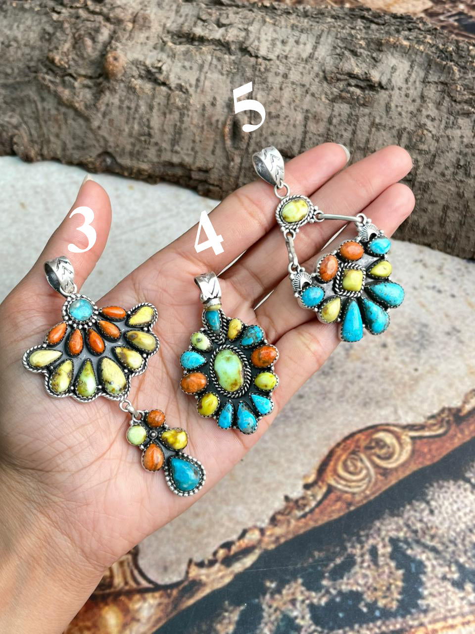 Handmade Sterling Silver Multi Stone Collection: Palomino with Orange Mojave and Arizona Blue Turquoise Pendant "Signed Nizhoni"