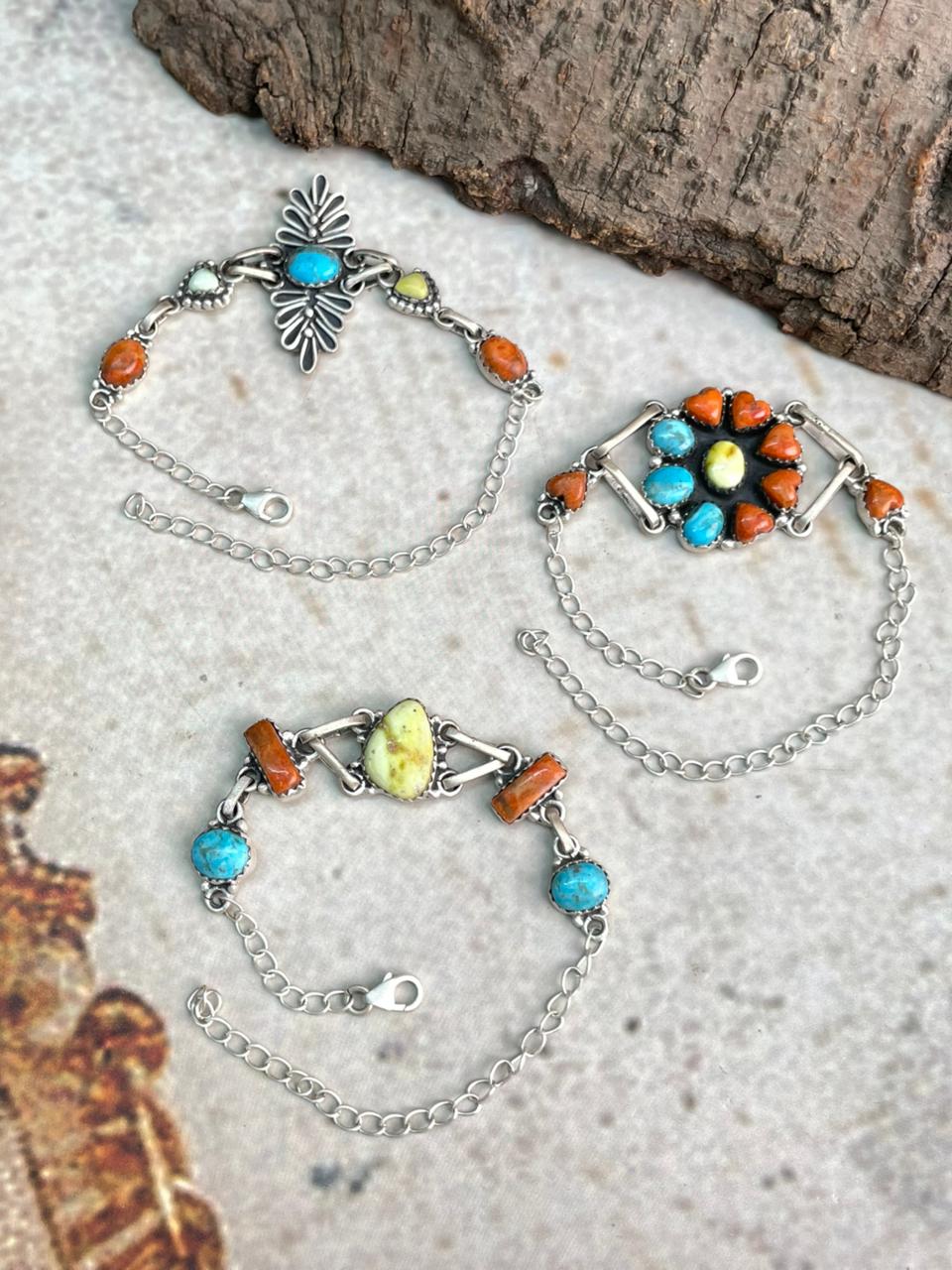 Handmade Sterling Silver Multi Stone Collection: Arizona Blue Turquoise with Orange Mojave and Palomino Turquoise Chain Bracelet "Signed Nizhoni"
