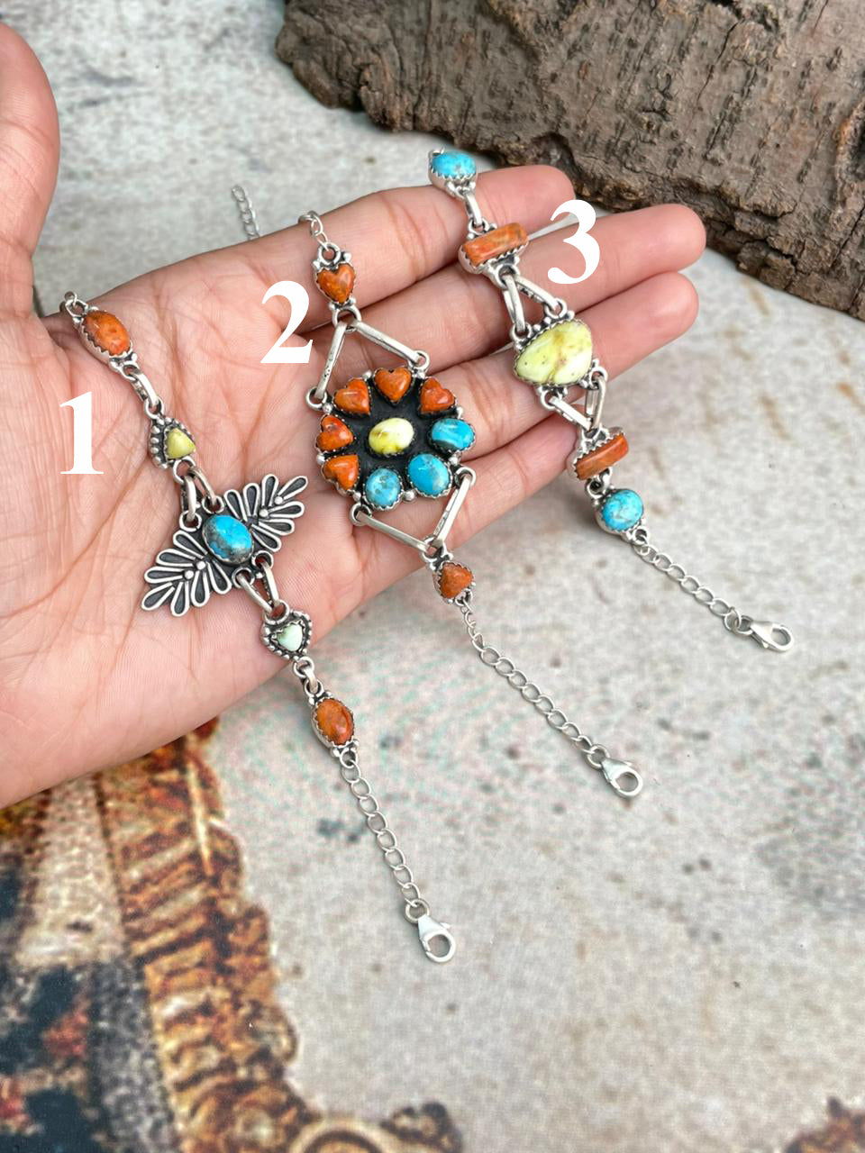 Handmade Sterling Silver Multi Stone Collection: Arizona Blue Turquoise with Orange Mojave and Palomino Turquoise Chain Bracelet "Signed Nizhoni"
