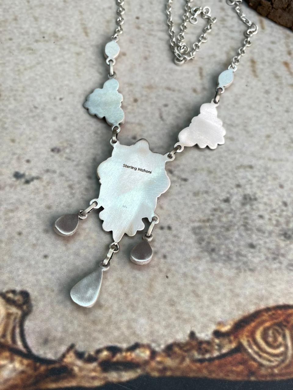 Handmade Sterling Silver Multi Stone Collection: Palomino with Orange Mojave, Wildhorse Magnesite and Arizona Blue Turquoise Necklace "Signed Nizhoni"