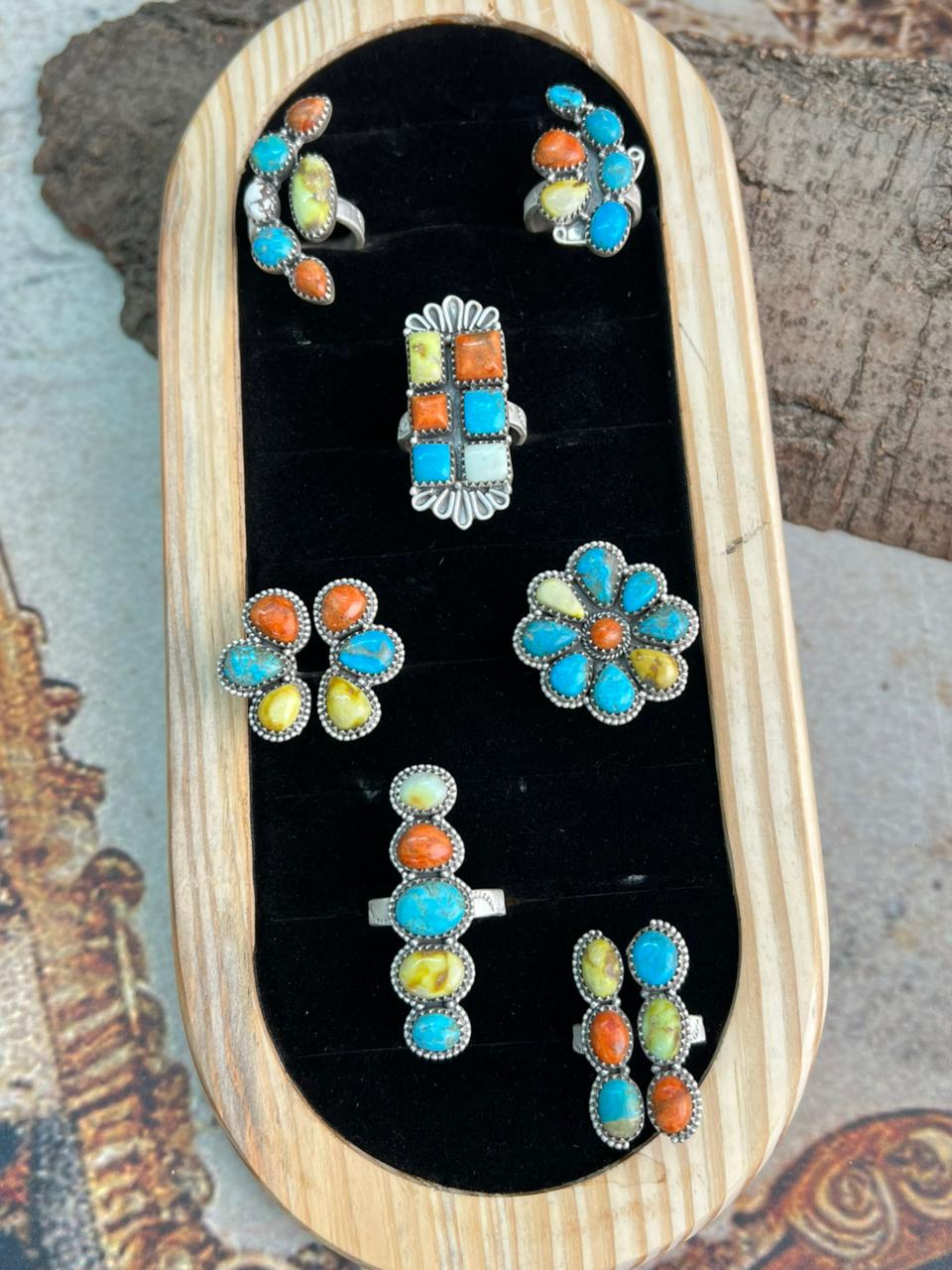 Handmade Sterling Silver Multi Stone Collection: Palomino with Orange Mojave, Wildhorse Magnesite and Arizona Blue Turquoise Adjustable Ring "Signed Nizhoni"