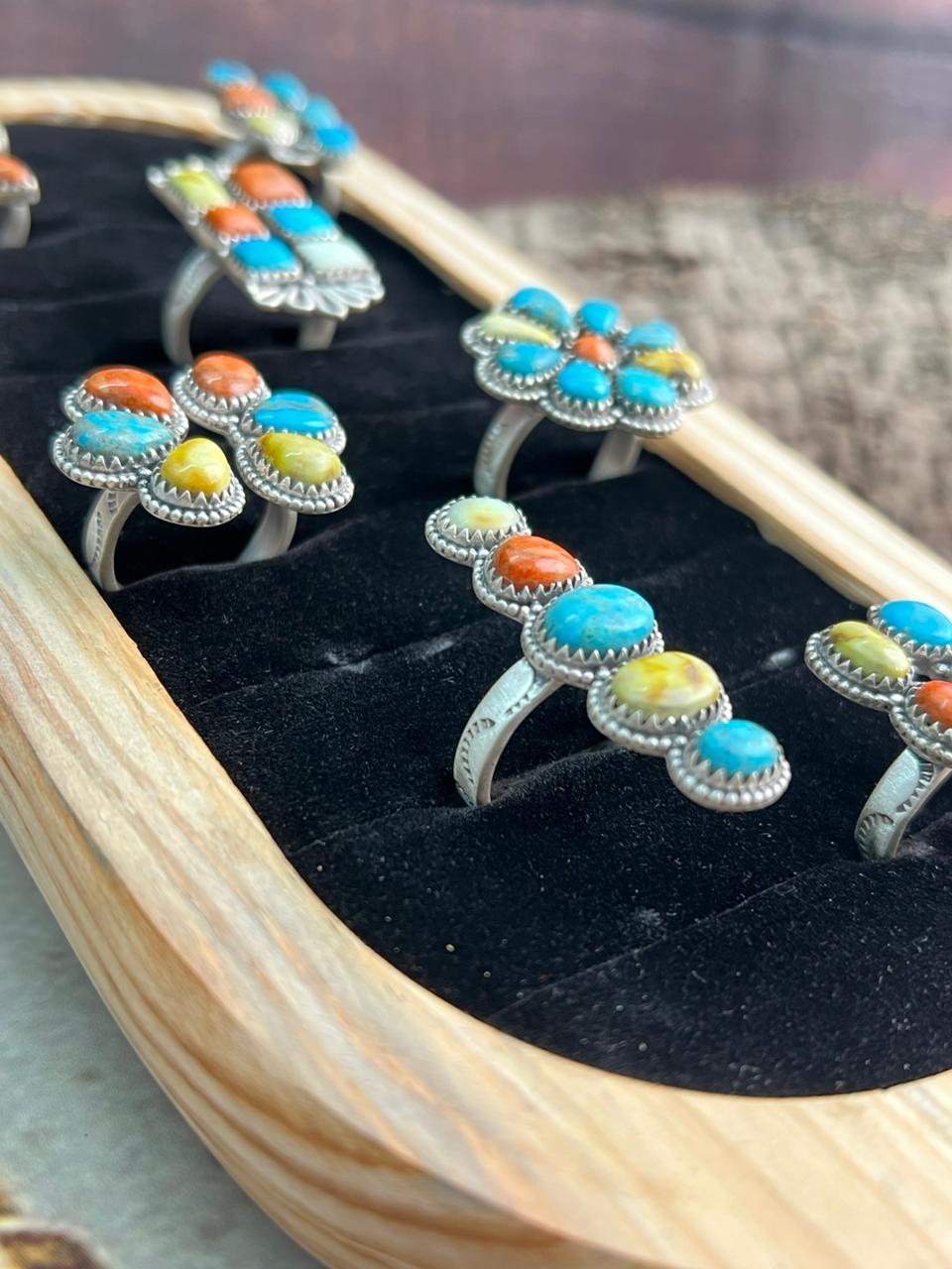 Handmade Sterling Silver Multi Stone Collection: Palomino with Orange Mojave, Wildhorse Magnesite and Arizona Blue Turquoise Adjustable Ring "Signed Nizhoni"