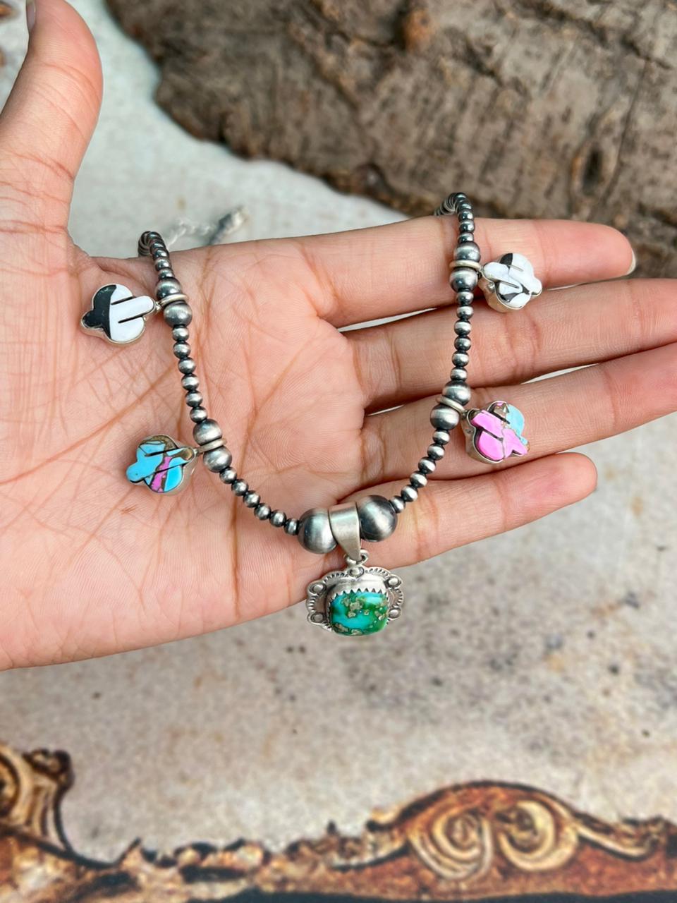 Handmade Sterling Silver Spring Collection: Sonoran Mountain with Cotton Candy and White Buffalo Beaded Necklace "Signed Nizhoni"