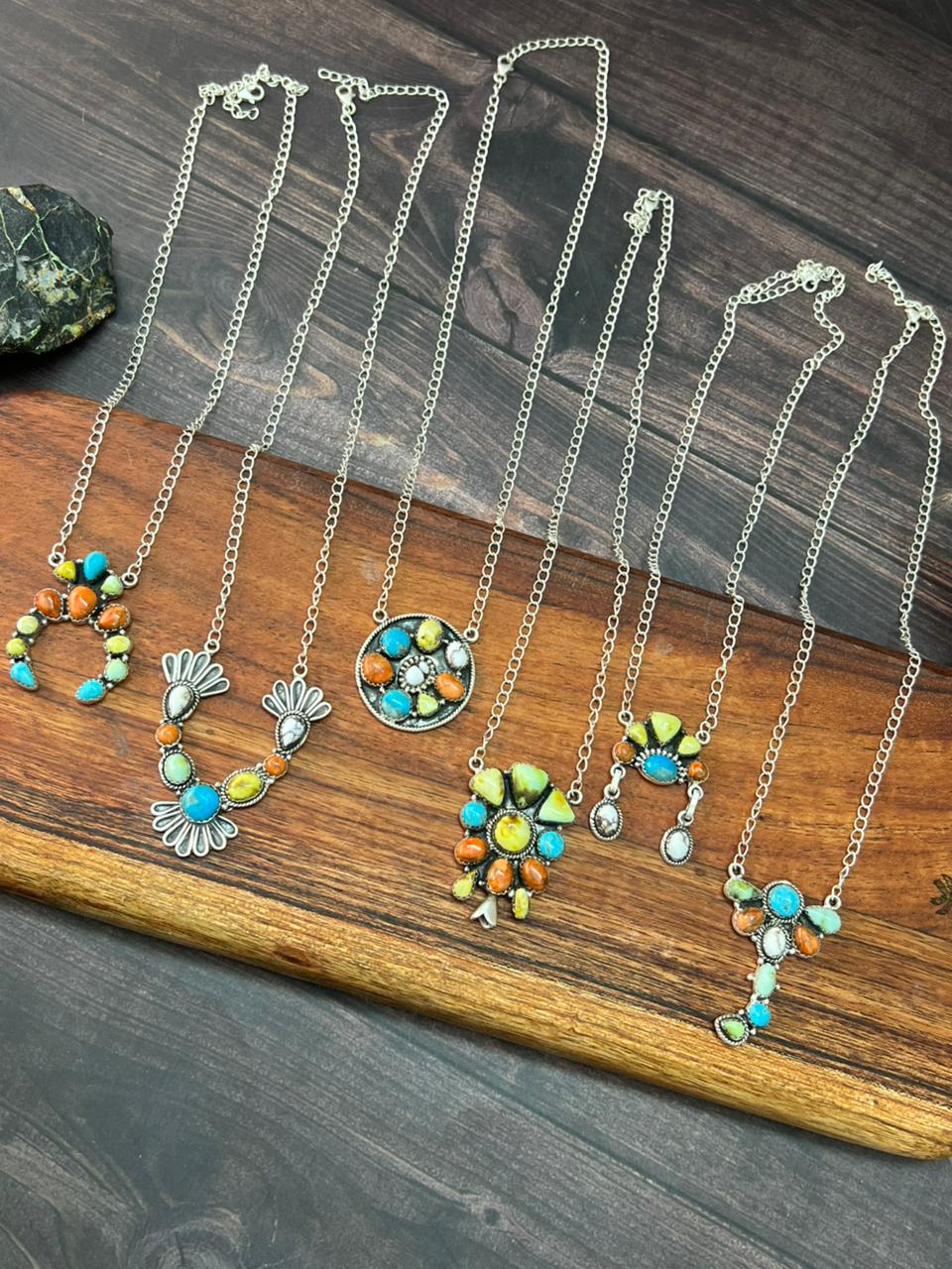 Handmade Sterling Silver Multi Stone Collection: Palomino with Orange Mojave, Wildhorse Magnesite and Arizona Blue Turquoise Necklace "Signed Nizhoni"