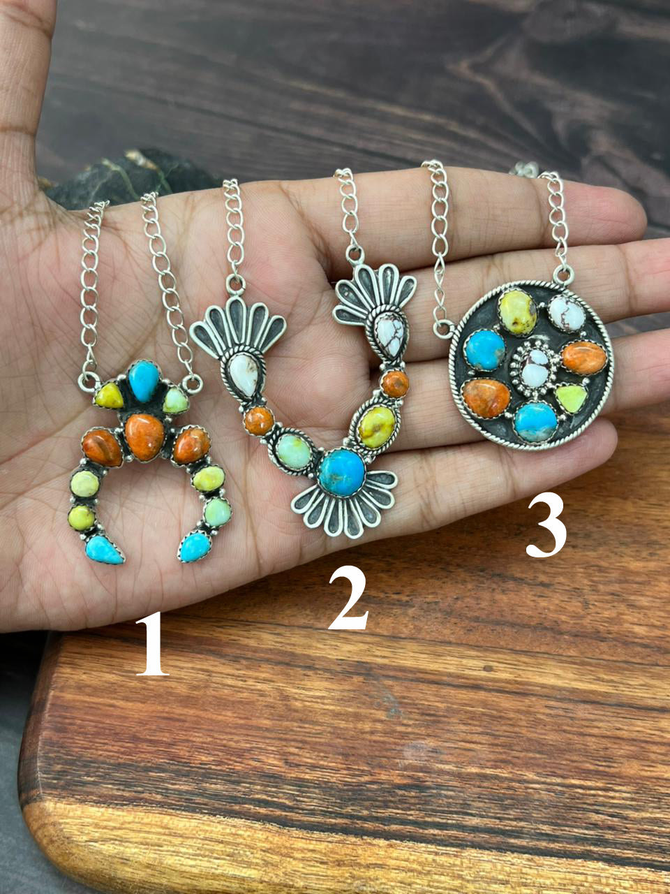 Handmade Sterling Silver Multi Stone Collection: Palomino with Orange Mojave, Wildhorse Magnesite and Arizona Blue Turquoise Necklace "Signed Nizhoni"